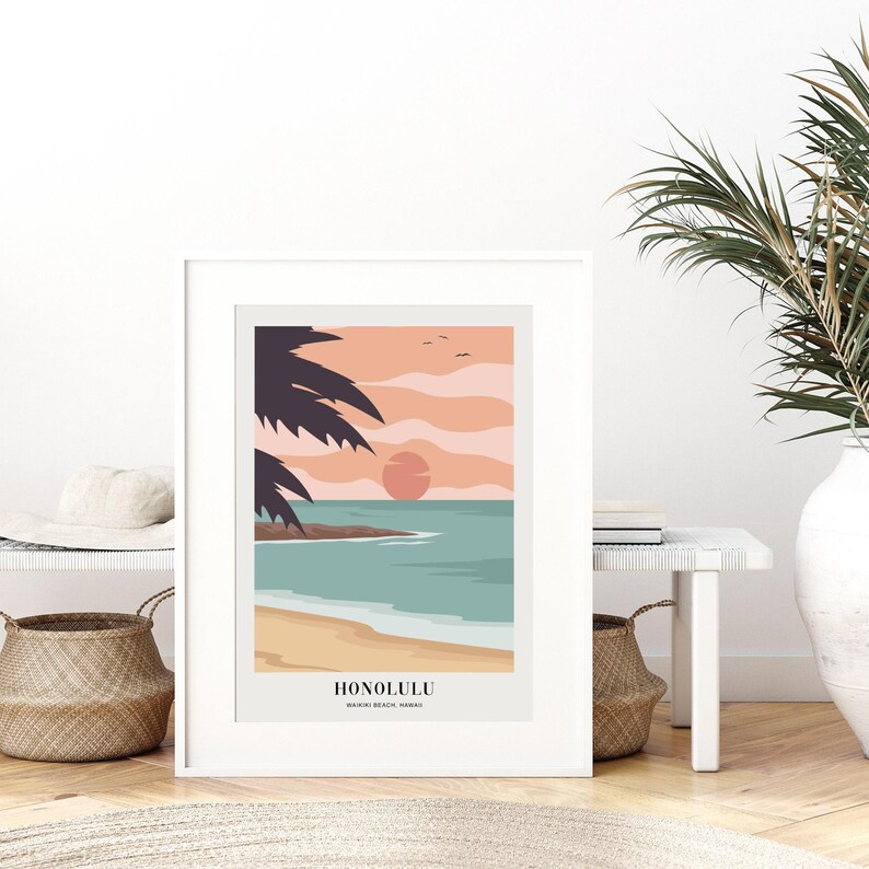 Waikiki Beach Honolulu Hawaii Colorful Boho Art Print | Abstract Landscape Illustration, Coastal Beach Print, Tropical Travel Poster #TA11 image 4