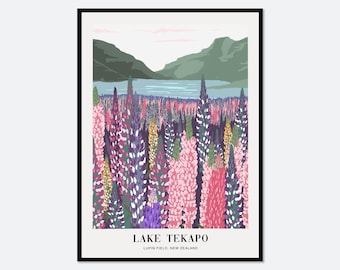 Lupins Field Lake Tekapo New Zealand Colorful Art Print | Abstract Landscape Illustration, Flowers Print, Floral Print, Travel Poster #TA04