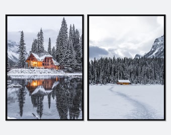 Set of 2 Christmas Print Winter Cabin Cottage By Lake Art Print | Snow Covered Forest, Winter Photography, Christmas Wall Art, Farmhouse