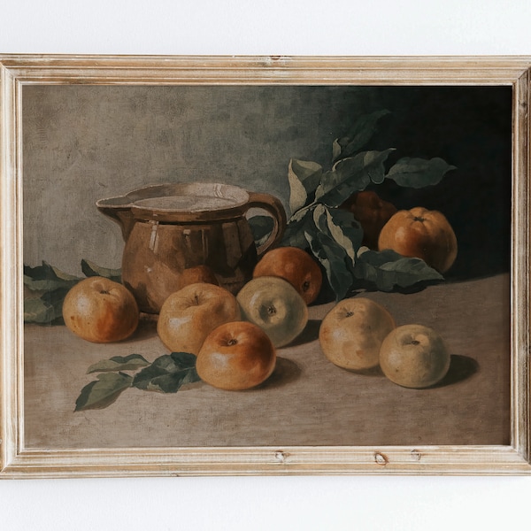 Impression d'art mural nature morte pommes vintage, peinture à l'huile rustique sombre de mauvaise humeur, affiche de fruits, cuisine de ferme de campagne antique VP42