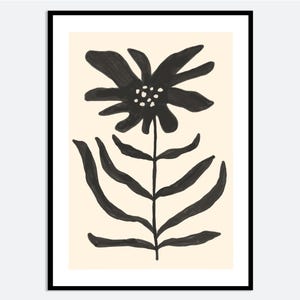 Art mural botanique floral noir | Illustration florale dessinée à la main, affiche moderne monochrome minimale, plante neutre contemporaine MA123