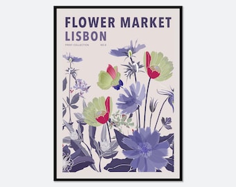 Bloemenmarkt Lissabon kleurrijke botanische kunstprint | Lentebloemen print, lente bloemenkunstprint, wilde bloemenprint, kleurrijke kunst #FM35