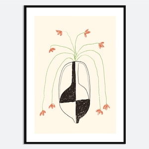Impresión artística de pared con flores en jarrón geométrico botánico abstracto / Ilustración de primavera y verano dibujada a mano, póster floral estético moderno MA115