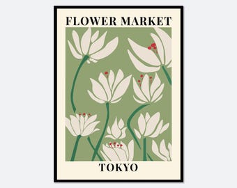 Blumenmarkt Tokio – Farbenfroher, grüner botanischer Kunstdruck | Frühlingsblumenposter, abstraktes florales Wildblumenmotiv, Kinderzimmer für Jungen und Mädchen #FM09