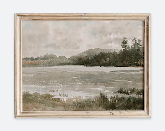 Rustic Vintage European Country Lake Trees Landscape Painting Art Print, Neutral Autumn River Forest Poster, Antique Moody Farmhouse VP114