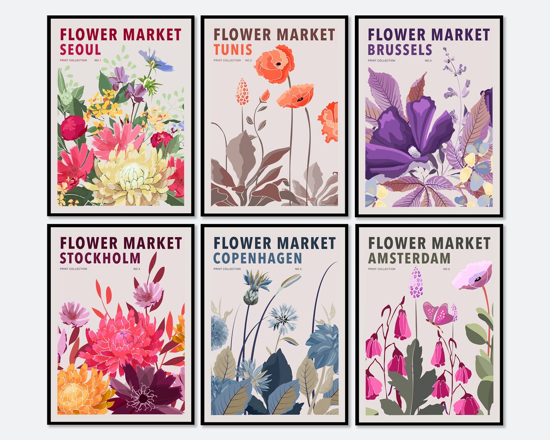 Flower Market Floral Set of 6 Colorful Botanical Art Prints | Spring ...