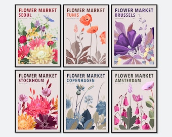 Bloemenmarkt bloemenset van 6 kleurrijke botanische kunstafdrukken | Lentebloemen print, lente bloemenkunst print, bloemen print, wilde bloemen print