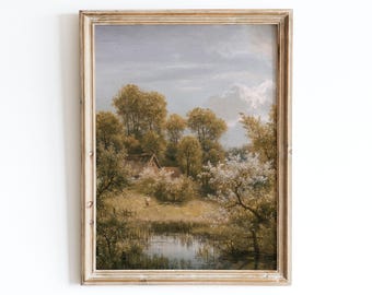 Rustic Vintage European Country Cottage Garden Flower Trees Pond Oil Painting Art Print, Landscape Poster, Antique Moody Farmhouse VP50