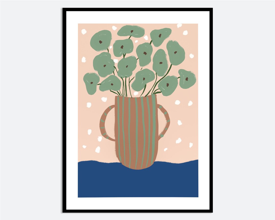 Striped Vase Plant Aesthetic Wall Art Print | Contemporary Hand Drawn ...