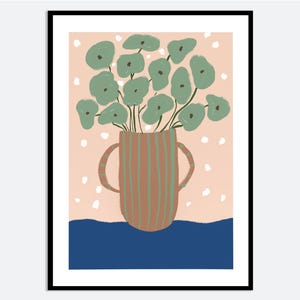 Impresión artística de pared estética con diseño de planta en jarrón a rayas / Ilustración floral verde contemporánea dibujada a mano, póster moderno rosa y azul para primavera y verano (MA45)