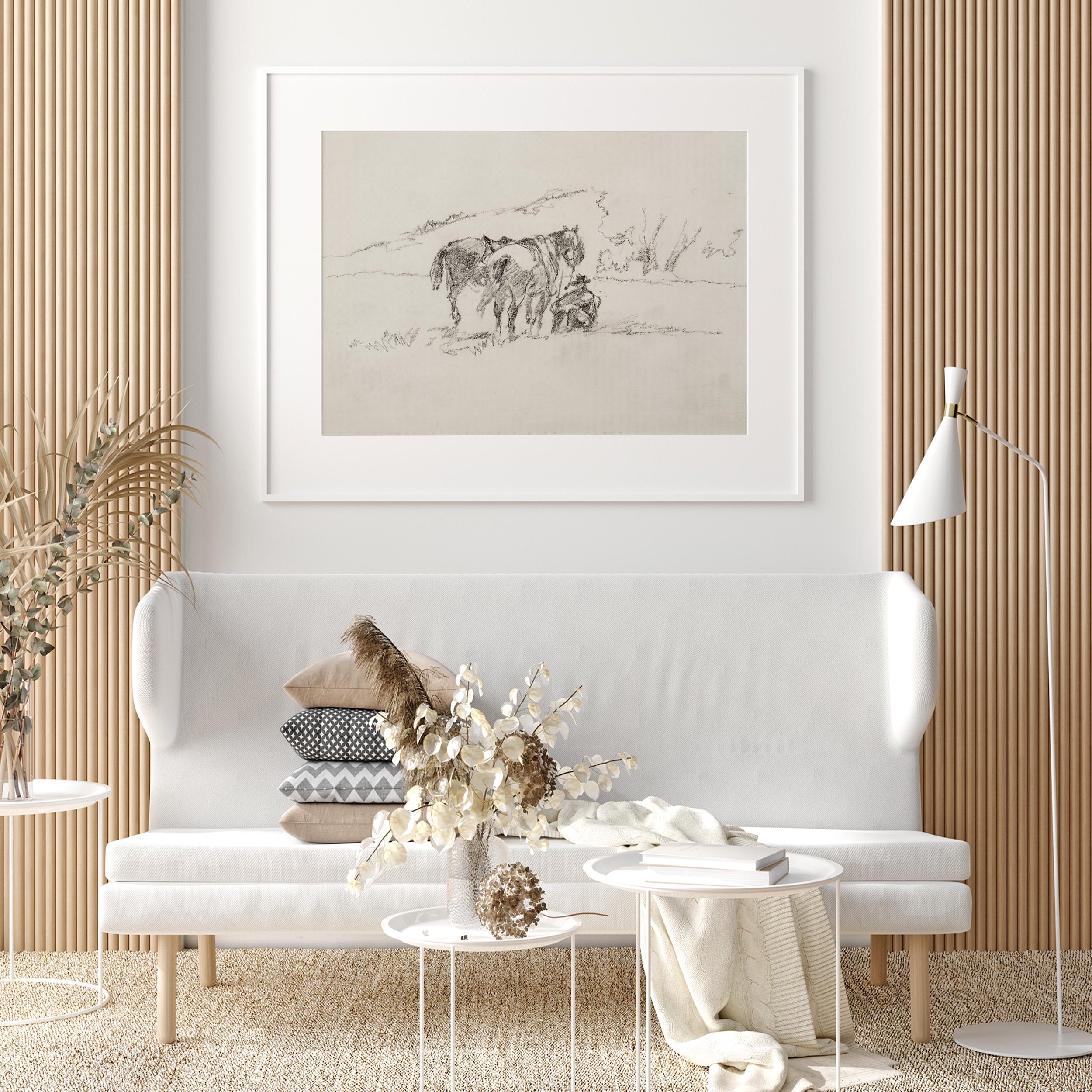 Rustic Horse Design Vintage European Rustic Horses in Nature Pencil Sketch Drawing Wall Art ...