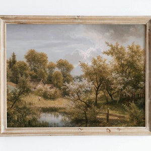 Rustic Vintage European Country Cottage Garden Flower Trees Pond Oil Painting Art Print, Landscape Poster, Antique Moody Farmhouse VP49