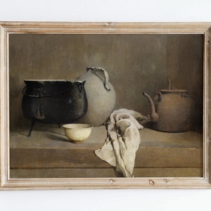 Impresión artística de pared de bodegón con ollas y sartenes de cocina de estilo rústico vintage, pintura al óleo rústica oscura y melancólica, póster antiguo de estilo rústico neutro VP57