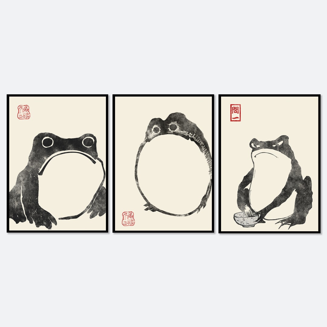 溢れかえる岸辺 4枚セット 日本語 日本の蛙 松本奉時 ヒキガエル 木版画 3枚セット | 日本のアート、日本