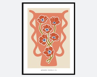 Abstrakcyjny pomarańczowy wazon z czerwonymi kwiatami, wydruk ścienny | Współczesna ilustracja kwiatowa, nowoczesny plakat estetyczny, kolorowa sztuka botaniczna FM159