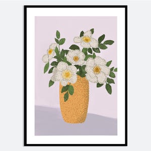 Impresión artística estética de pared con flores blancas en jarrón amarillo, ilustración floral dibujada a mano, póster botánico moderno y contemporáneo, MA55