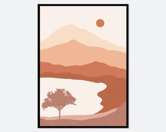 Abstract Landscape Mountains Boho Art Print | Mid Century Modern Print, Boho Wall Decor, Boho Art Print, Sunset Art, Sunrise Art #AL17