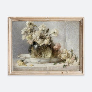 Impresión artística de pared de bodegón con rosas blancas vintage europeas en jarrón transparente, pintura al óleo rústica oscura, póster de estilo rústico de granja VP160