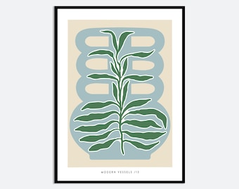 Abstract Blue Vase Green Flowers Wall Art Print | Contemporary Floral Illustration, Modern Aesthetic Poster, Colorful Botanical Art FM156