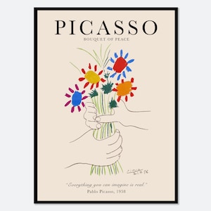 Picasso Blumenstrauß Frieden Kunstdruck | Pablo Picasso Blumen Skizze, Picasso Strichzeichnung, Vintage Ausstellungsplakat #PP32
