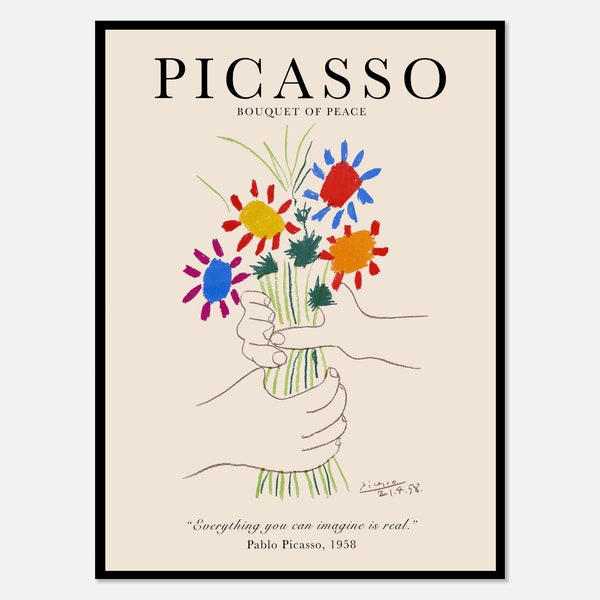 Picasso Blumenstrauß des Friedens Kunstdruck | Pablo Picasso Blumenstrauß Skizze, Picasso Lithographie Strichzeichnung, Vintage Ausstellungsplakat #PP32