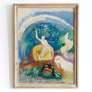 May include: A watercolour painting of a figure in a chariot pulled by a white horse. The figure is holding a torch and is surrounded by a blue and green sky. The painting is framed in a light wood frame.