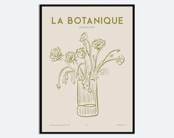 May include: A framed wall art print featuring a beige background with a gold line drawing of flowers in a vase. The text LA BOTANIQUE, MODERN FLORA, CONTEMPORARY COLLECTION, NO. 7, and MODERN ART are printed in gold on the beige surface.