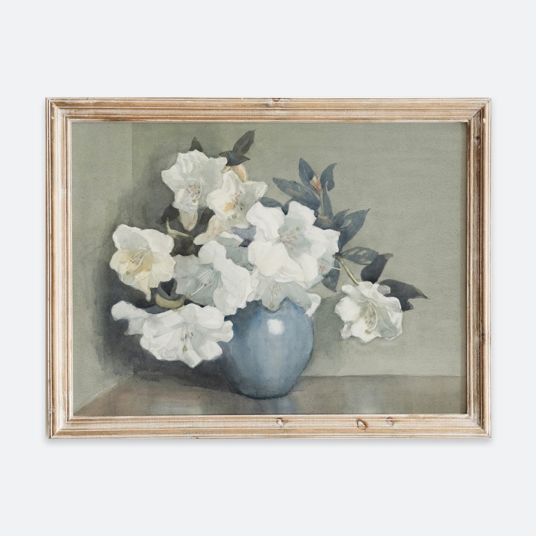 European Vintage White Flowers in Blue Vase Still Life Wall Art Print ...
