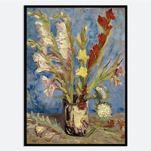 Póster de pintura de flores vintage con jarrón de Vincent Van Gogh con gladiolos y ásteres de China, impresión artística para pared, naturaleza muerta floral colorida antigua V37B