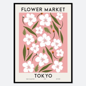 Flower Market Tokyo Colorful Botanical Art Print | Cherry Blossoms Flowers Print, Floral Wall Art, Sakura Poster, Colorful Art Print #FM81