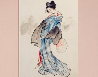葛飾北斎 着物を着た女性の全身肖像画 ヴィンテージ日本の木版画