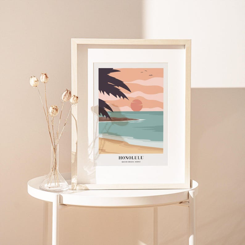 Waikiki Beach Honolulu Hawaii Colorful Boho Art Print | Abstract Landscape Illustration, Coastal Beach Print, Tropical Travel Poster #TA11 image 8