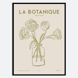 Impresión de arte mural con flores en un jarrón / Ilustración botánica contemporánea dibujada a mano, póster floral de estética moderna, flores de líneas minimalistas MA140