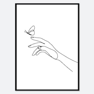 One Line Hand with Butterfly Art Print | Single Line Drawing, Minimalist Line Art, Black and White, Boho Wall Decor, Modern Poster #S285
