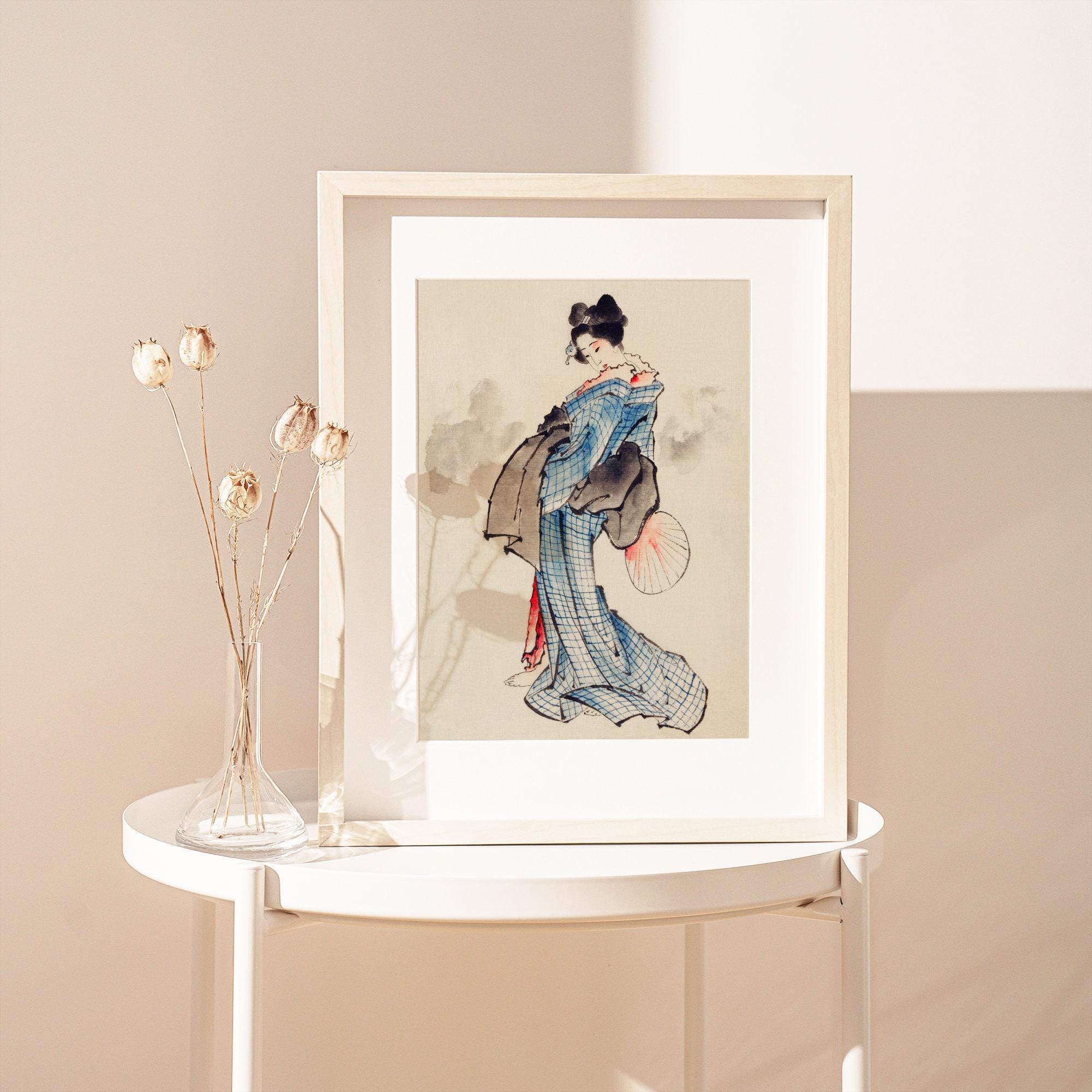 葛飾北斎 着物を着た女性の全身肖像画 ヴィンテージ日本の木版画