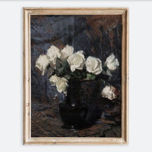 Impresión artística de pared de bodegón con rosas blancas en jarrón negro, estilo vintage europeo, pintura al óleo rústica oscura, póster de estilo rústico de granja VP150