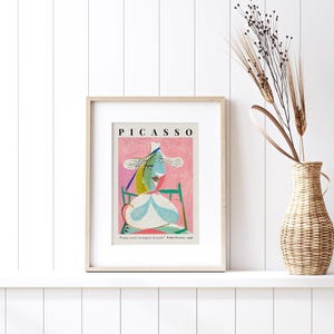 Pablo Picasso Femme Assise au Chapeau de Paille (Marie-Thérèse) Pink Abstract Cubism Painting Vintage Poster Wall Art Print | Seated Woman in Straw Hat, Girl Portrait, SugarnCanvas Printed Shipped Mailed Fine Art Print
