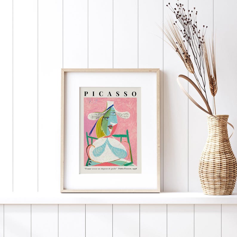 Pablo Picasso Femme Assise au Chapeau de Paille (Marie-Thérèse) Pink Abstract Cubism Painting Vintage Poster Wall Art Print | Seated Woman in Straw Hat, Girl Portrait, SugarnCanvas Printed Shipped Mailed Fine Art Print