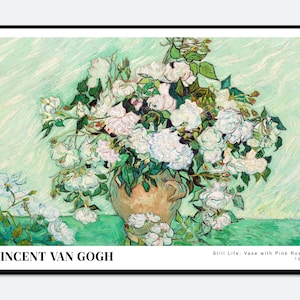 Naturaleza muerta de Van Gogh: Jarrón con rosas rosadas, impresión artística vintage de exposición de 1890 / Póster de Van Gogh, pintura de Van Gogh, arte de flores coloridas n.° V19