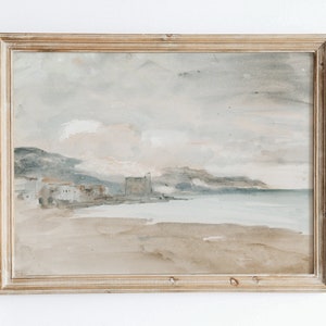 Impresión artística rústica vintage de estilo francés costero, pintura al óleo vintage de playa oceánica, decoración de pared con paisaje antiguo en tonos neutros y apagados VP24