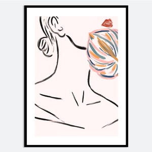 Impression d'art mural esthétique dessin au trait femme | Portrait de jeune fille dessiné à la main avec bouton de fleur coloré, affiche d'illustration de mode moderne MA50