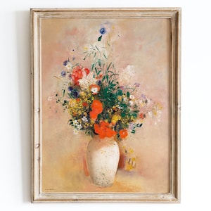 Impresión artística vintage europea de flores coloridas en un jarrón, pintura al óleo de bodegón, póster vintage colorido, Odilon Redon, Jarrón de flores OR02