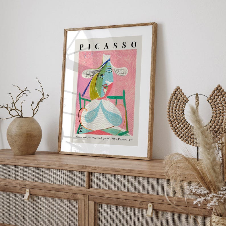 Pablo Picasso Femme Assise au Chapeau de Paille (Marie-Thérèse) Pink Abstract Cubism Painting Vintage Poster Wall Art Print | Seated Woman in Straw Hat, Girl Portrait, SugarnCanvas Printed Shipped Mailed Fine Art Print