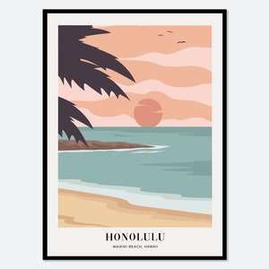 Waikiki Beach Honolulu Hawaii Colorful Boho Art Print | Abstract Landscape Illustration, Coastal Beach Print, Tropical Travel Poster #TA11