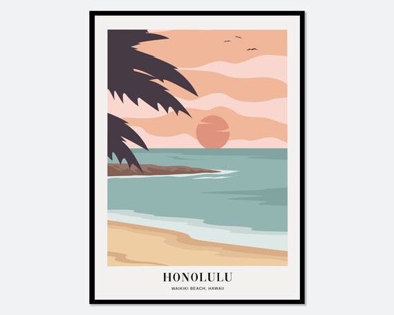 Waikiki Beach Honolulu Hawaii Colorful Boho Art Print | Abstract Landscape Illustration, Coastal Beach Print, Tropical Travel Poster #TA11