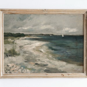 Pintura al óleo vintage europea rústica neutra costera oceánica en tonos apagados de playa, póster de paisaje marino, impresión antigua de estilo rústico rústico VP55
