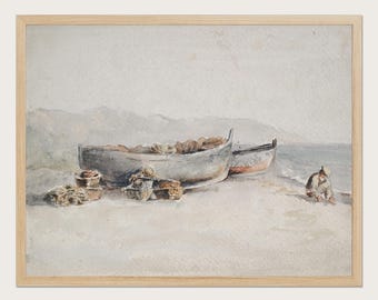 Hercules Brabazon Brabazon Fishing Boats on the Shore Fine Art Print, Coastal Watercolor Poster, Vintage Seaside Decor, Maritime Wall Art