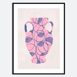 Impresión artística de pared estética con línea abstracta azul y rosa en jarrón. Ilustración moderna contemporánea dibujada a mano. Póster decorativo para cocina, primavera y verano, MA30.
