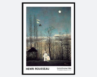 Henri Rousseau Carnival Evening Fine Art Print, Moonlit Winter Landscape Poster, Vintage Forest Painting, Blue Figurative Wall Decor HR13