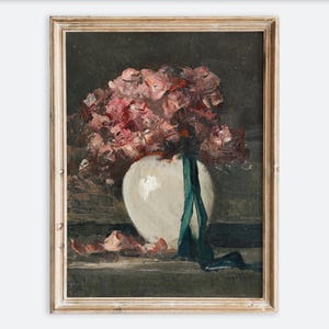 Impresión de arte de pared de naturaleza muerta con flores rosas vintage europeas en jarrón blanco, pintura al óleo rústica con motivos florales oscuros, póster de granja antigua con un toque melancólico VP273